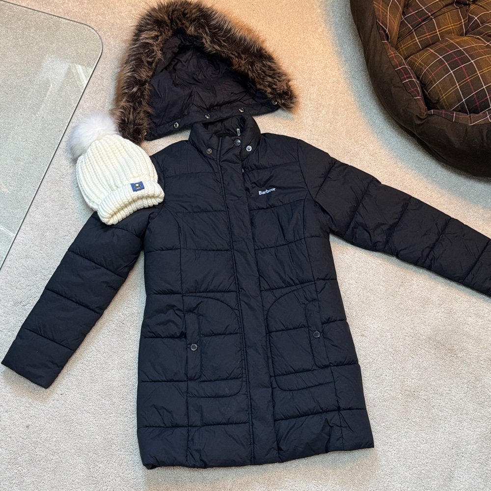 Barbour Kids Black Puffer Coat, removable Faux Fur Hood and bonus Barbour hat!